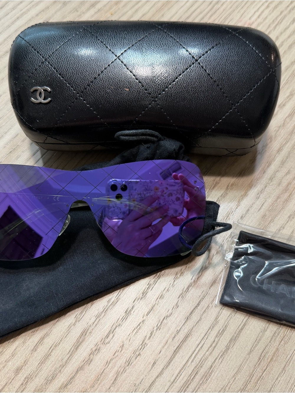 CHANEL Purple Shield Sunglasses with Quilted Black Case